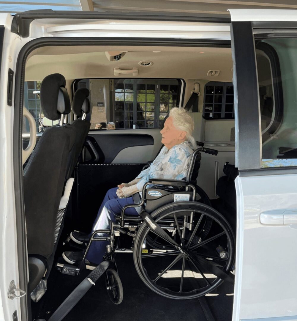 Older lady in wheelchair parked by open minivan